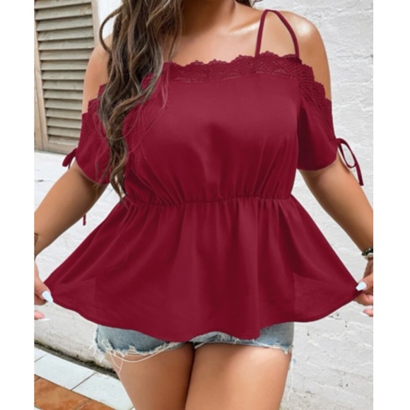 Boho plus size cold shoulder peplum blouse - Picture 1 of 16